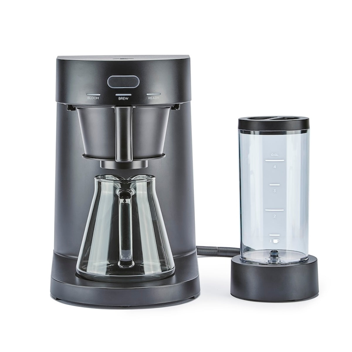 Black coffee maker with clear carafe on a white background
