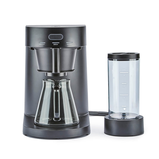Black coffee maker with clear carafe on a white background