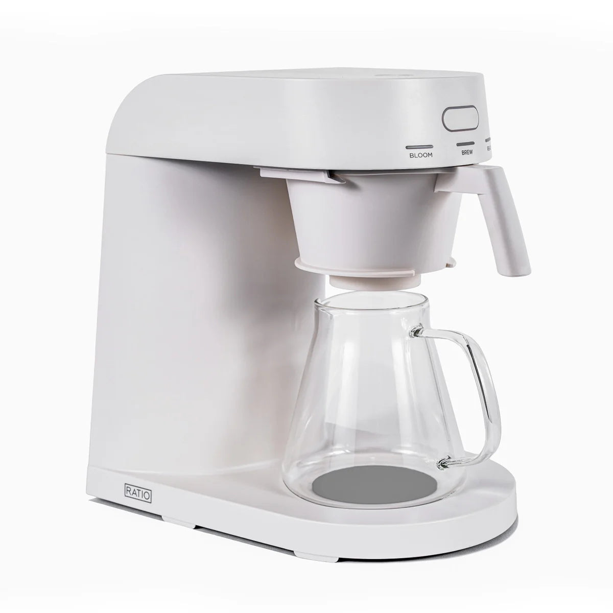 White coffee machine with a clear glass carafe on a white background