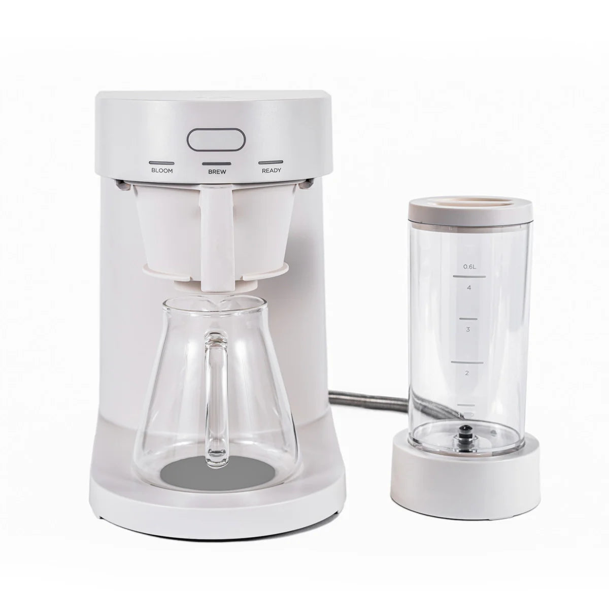 White ratio 4 coffee maker with clear carafe on a white background