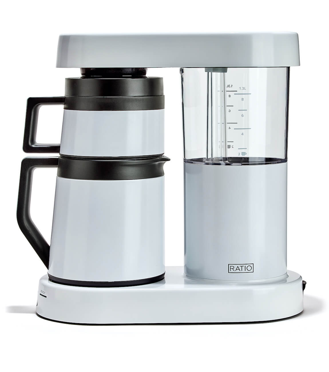 White coffee maker with carafe on a white background