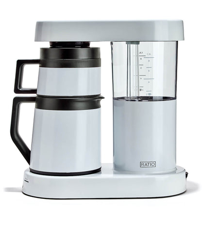 White coffee maker with carafe on a white background